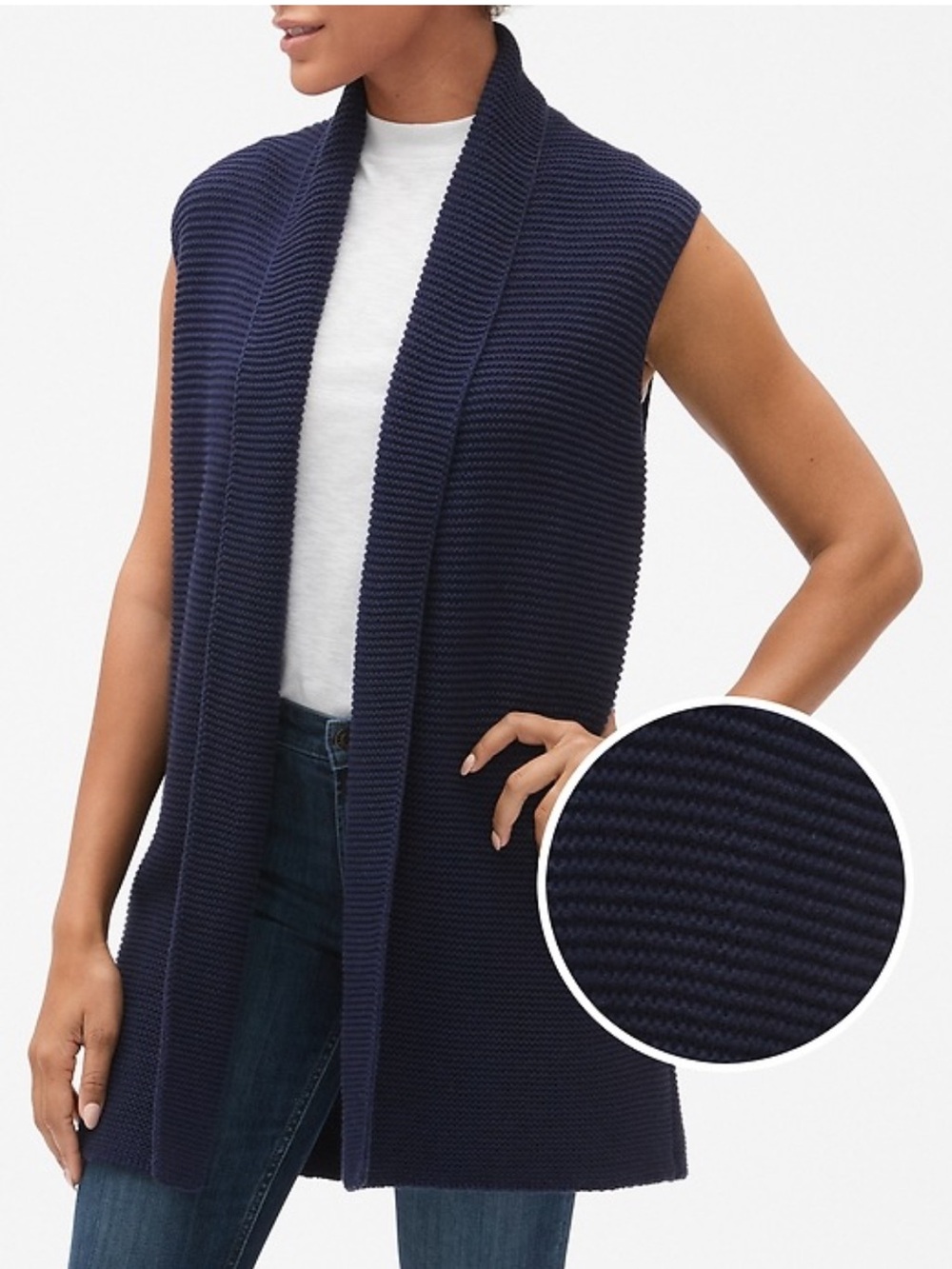 Textured Sleeveless Shawl-Collar Cardigan Sweater Open-Front Knit Vest - Navy